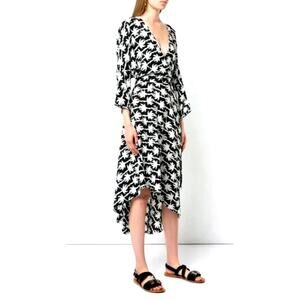 Diane Von Furstenberg M Eloise SILK Wrap PALM Midi Dress Kimono Sleeves Black